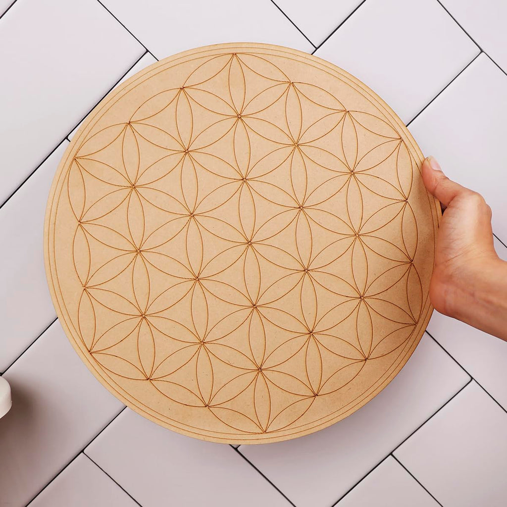 Shubhanjali Crystal Grid Plate Flower of Life Sacred Geometry Healing,Wooden Crystal Grid (12 inch)