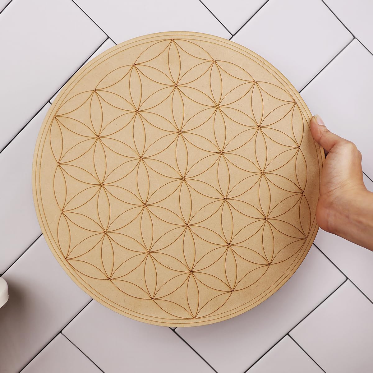 Shubhanjali Crystal Grid Plate Flower of Life Sacred Geometry Healing,Wooden Crystal Grid (12 inch)