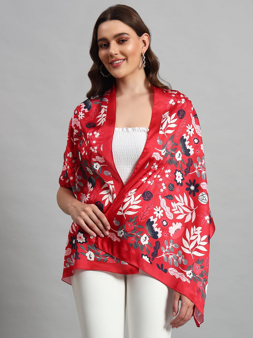 Ravaiyaa - Attitude is everything Women Lightweight Printed 100% Satin Silk Scarf Stoles Breathable Neckerchief Head Beach Wrap Scarves (Red White Floral, 70 X 20 Inch), Female