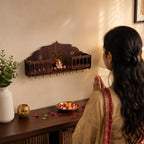 The Divine Tales Traditional Balcony Style Wooden Mandir Wall Mounted Pooja Mandir for Home Wooden Temple with Om Design Golden Bells Railing Prayer Shelf for Home Office Housewarming Gift 8 Inch