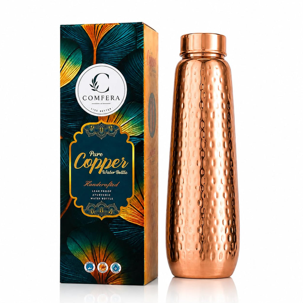 COMFERA Pure Copper Bottle, 32oz/950ml water bottle for drinking, Leakproof hammered designed bottles for Home, Gym, School & Travel, Durable, Rustproof & Handmade Bottle, Ayurvedic Cups