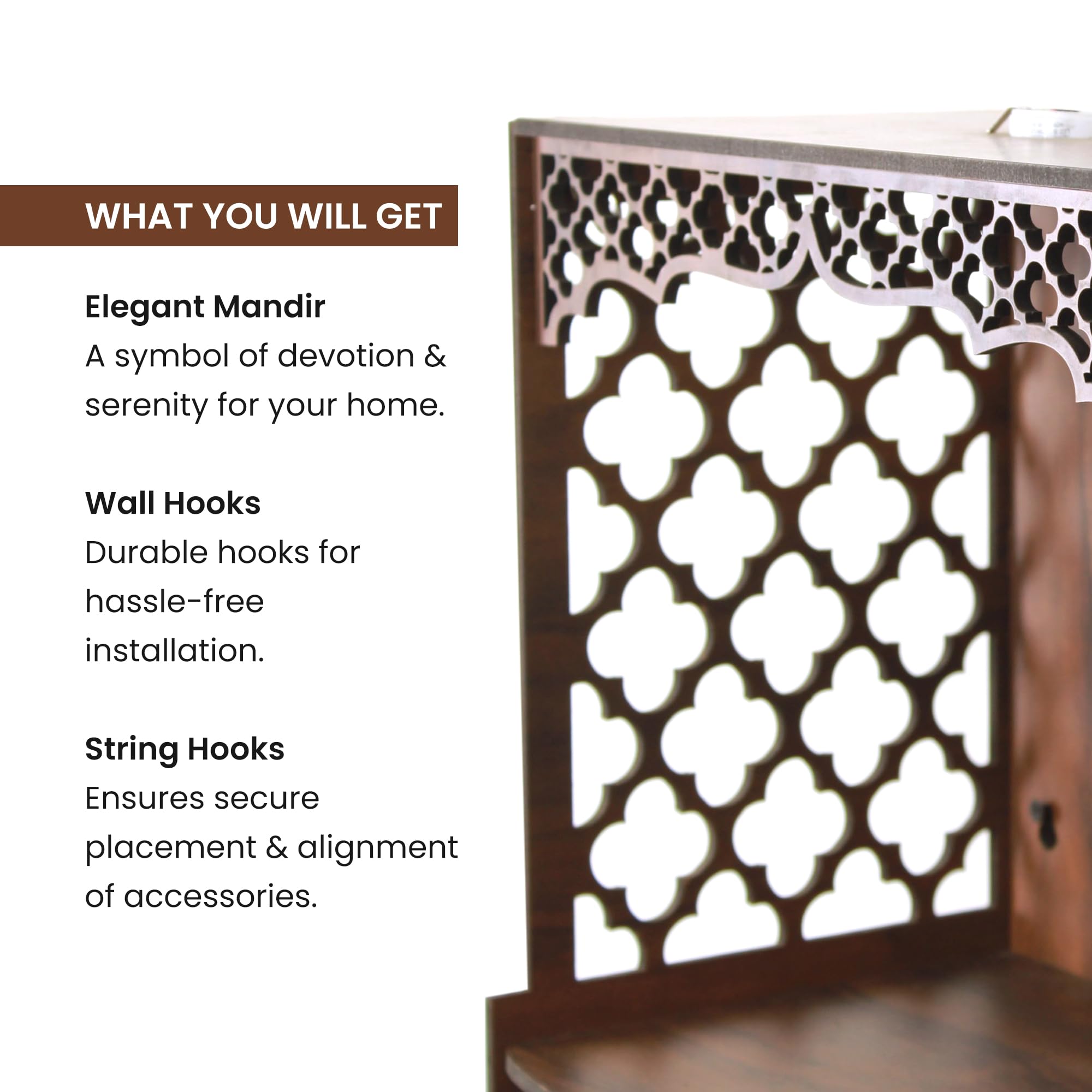 Wooden Wall-Mounted Pooja Mandir with LED Light, Decorative Curtains and Tassels, Brown Colour for Home & Office (H 15.5xW12xD8 Inches) (Krishna)