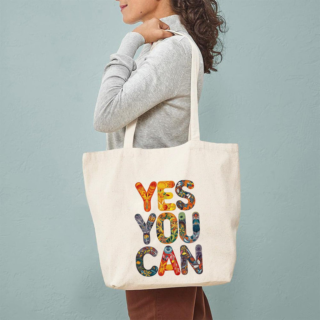 Heu “YES YOU CAN” Printed Canvas Tote Bag | Eco-Friendly Reusable Cotton Shoulder Bag | Motivational Quote Shopping Tote for Women & Men