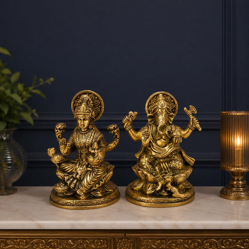 ARTVARKO Brass Ganesha Laxmi Ganesh Lakshmi Bhagwan Idol Sitting on Lotus Ganpati Murti Statue for Home Office Puja Success Décor Gift 5 Inches