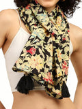 KE KANHA EXPORTS Scarf for Women Boho | Border Print Stylish | Stole for Women Breathable Summer Beach Wrap with Tassels | Multicolour |180 x 50 cm (Noir Garden Bloom)