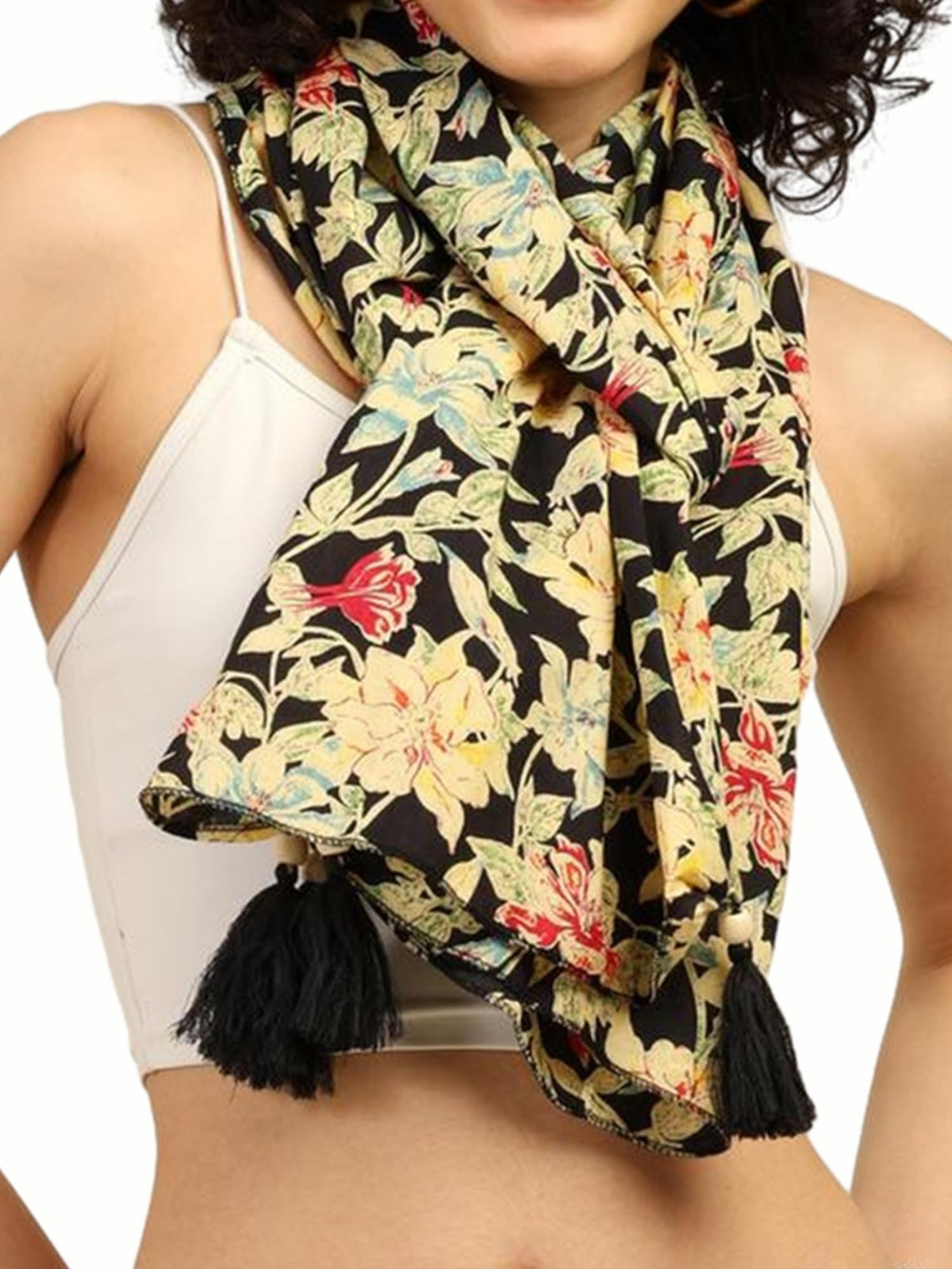 KE KANHA EXPORTS Scarf for Women Boho | Border Print Stylish | Stole for Women Breathable Summer Beach Wrap with Tassels | Multicolour |180 x 50 cm (Noir Garden Bloom)