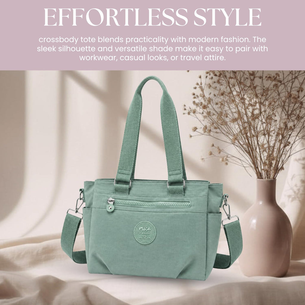 MOCA Women Nylon Tote Bag Lightweight Waterproof Handbag Large Capacity Multi Compartment Shoulder Crossbody Bag Daily Use Office Travel College Ladies Purse with Zipper (Matcha)