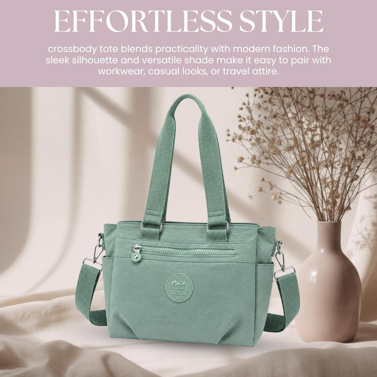 MOCA Women Nylon Tote Bag Lightweight Waterproof Handbag Large Capacity Multi Compartment Shoulder Crossbody Bag Daily Use Office Travel College Ladies Purse with Zipper (Matcha)