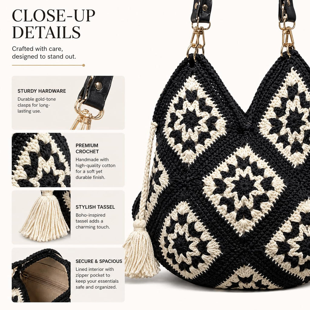 ZORA CRAFT Black & White Crochet Tote Bag for Women – Vintage Granny Square Handbag, Diamond Pattern, Stylish Office & Festival Bag, Fits 14 Laptop/MacBook