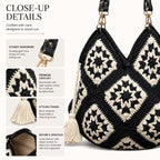 ZORA CRAFT Black & White Crochet Tote Bag for Women – Vintage Granny Square Handbag, Diamond Pattern, Stylish Office & Festival Bag, Fits 14 Laptop/MacBook