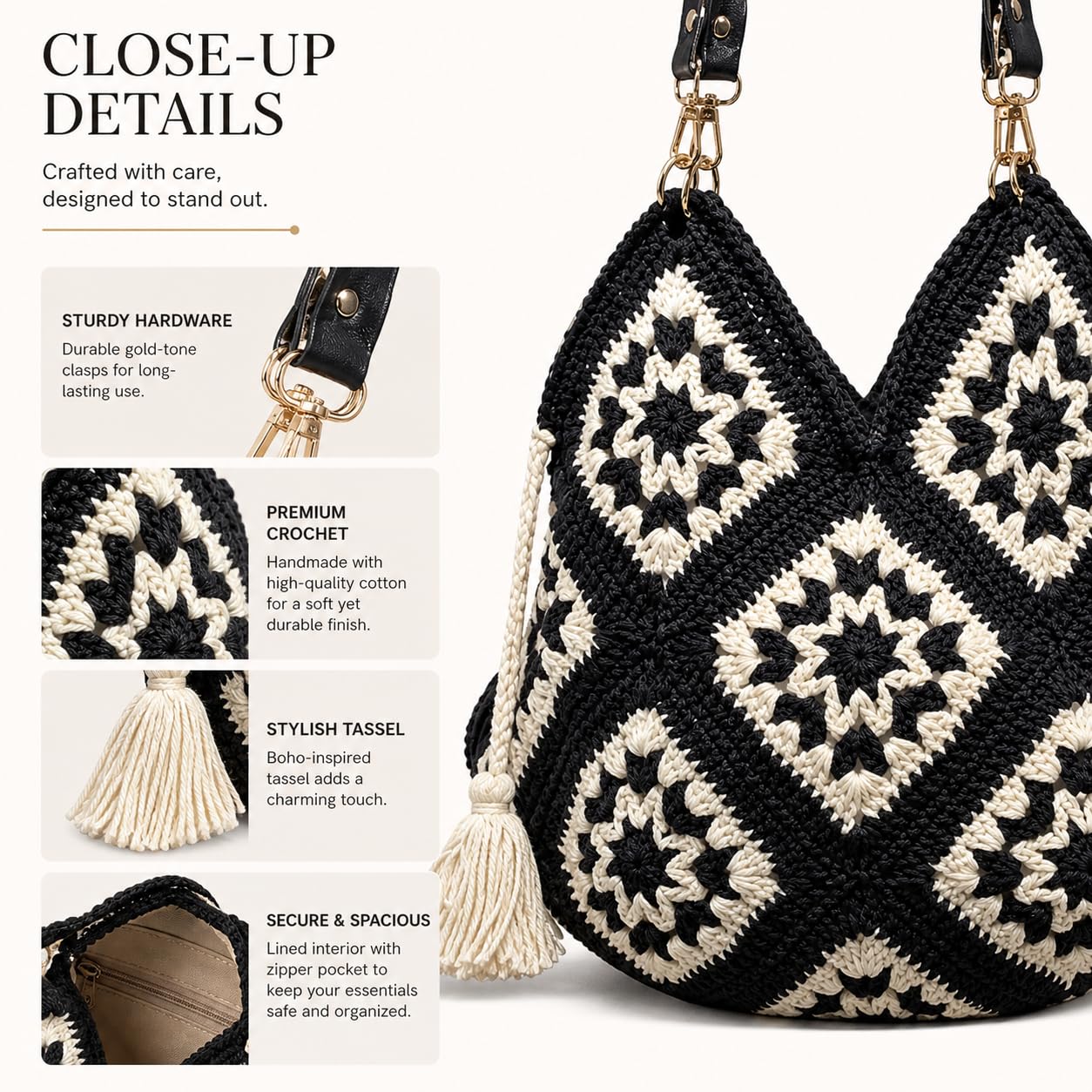 ZORA CRAFT Black & White Crochet Tote Bag for Women – Vintage Granny Square Handbag, Diamond Pattern, Stylish Office & Festival Bag, Fits 14 Laptop/MacBook