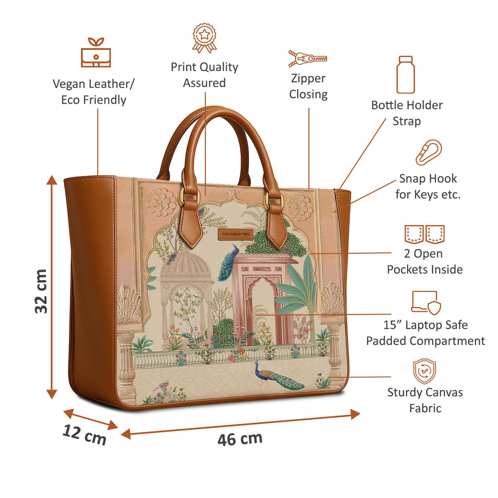 The Purple Tree Women's Office Essential Bag | Vegan Leather Handbag with Laptop Compartment | Spacious Office Bag | Designer Work Tote for Travel, College & Daily Use (Peacock Garden)