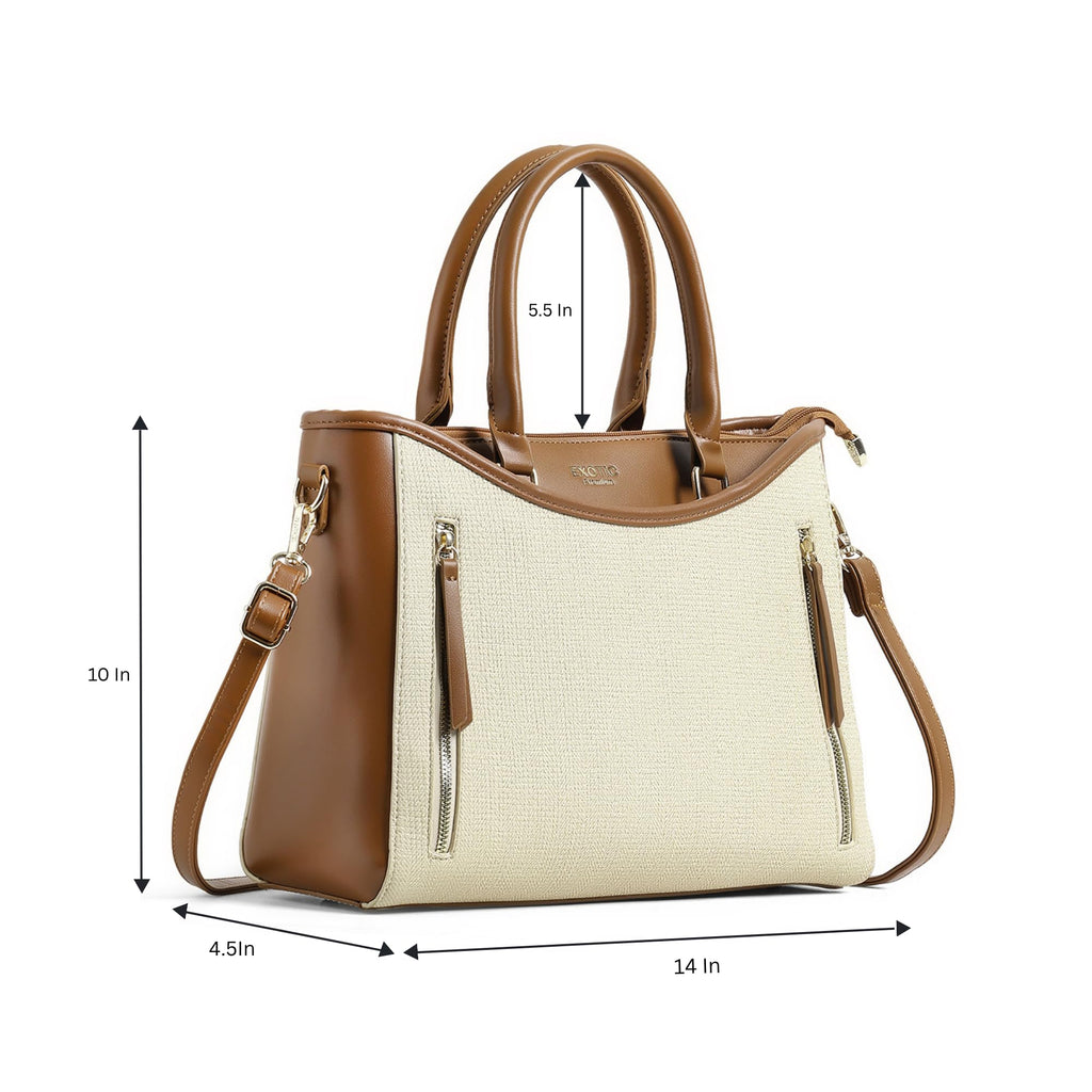 EXOTIC Alvara Tote Bag for Women | Multi-Compartment Handbag with Laptop Space, Front Zip Pockets & Luggage Sleeve | Premium PU Leatherette Work & Travel Tote (BEIGE)