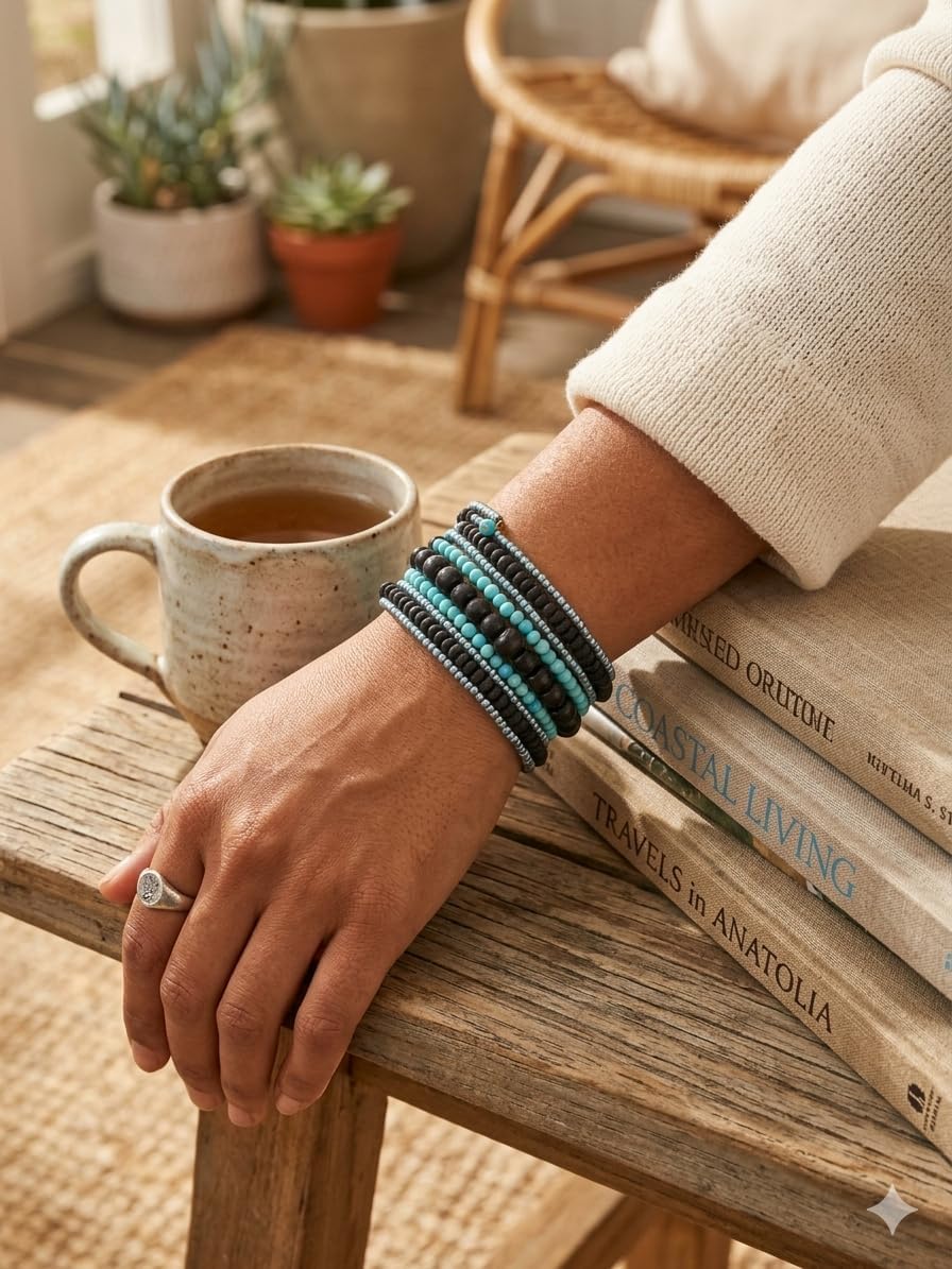 DCA Handmade Turquoise and Black Coil Bracelet, Glass and Wood Beads, Women's Multilayer Wrap Style