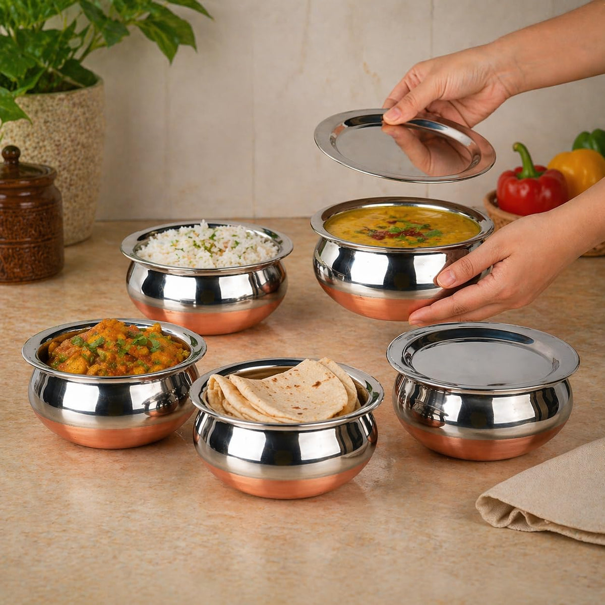 GlamourShop Stainless Steel Copper Base Serving Bowls Handi Set of 5 Pieces, Handi Set with Serving Bowl Set/Cookware Set/Sauce Pot and Handis (5, Chopper)