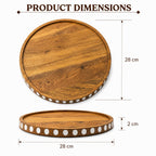 BAUZINI Round Mango Wood Serving Tray Handmade Decorative Wooden Tray with Raised Edge Tea, Coffee, Breakfast & Snack Serving Platter for Kitchen & Home Decor Brown & White -28 * 28 * 2.5 cm