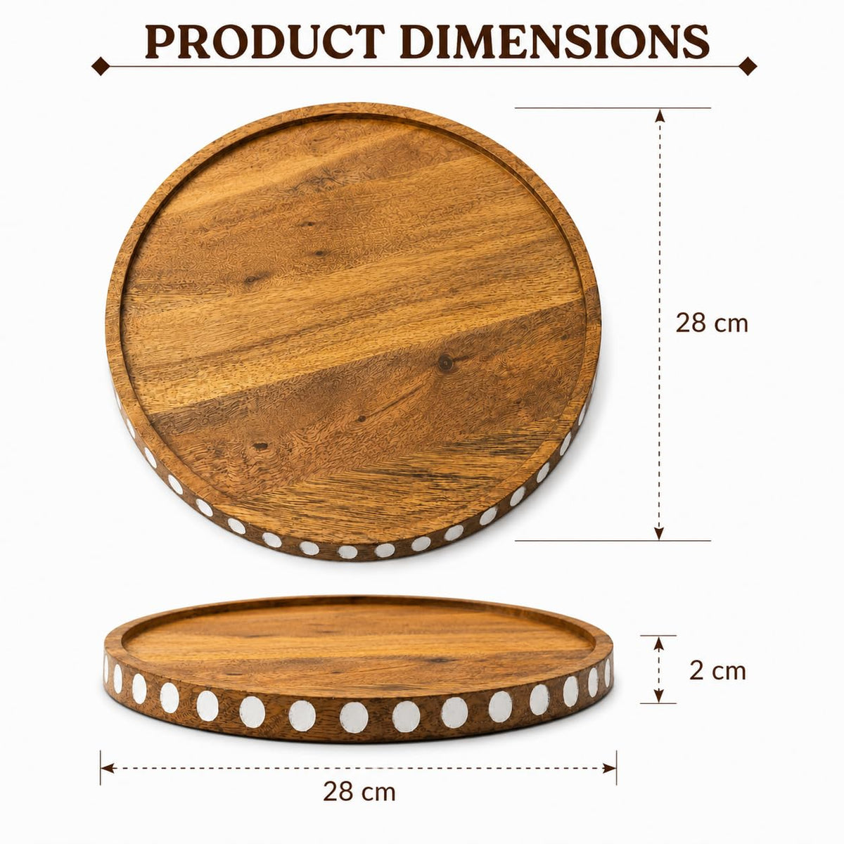 BAUZINI Round Mango Wood Serving Tray Handmade Decorative Wooden Tray with Raised Edge Tea, Coffee, Breakfast & Snack Serving Platter for Kitchen & Home Decor Brown & White -28 * 28 * 2.5 cm