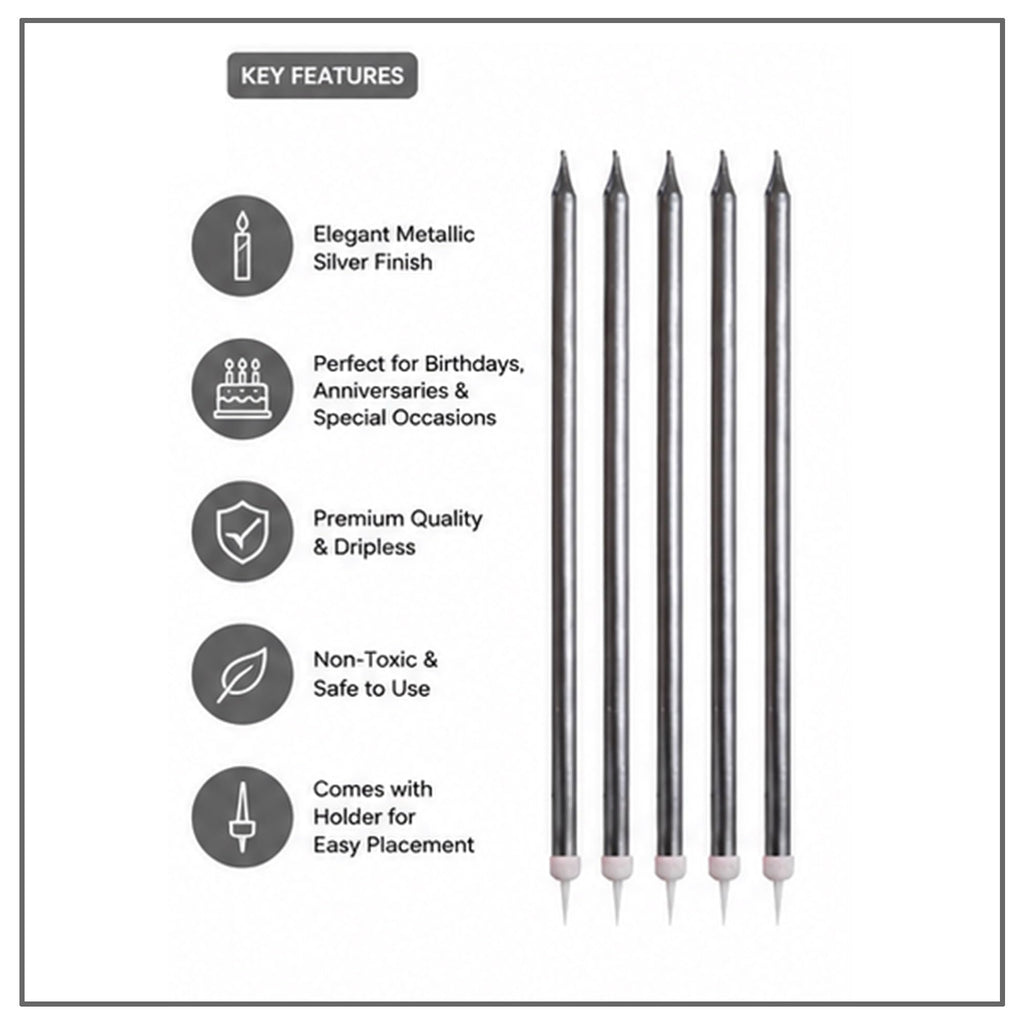 Lalantopparties Silver Slim Birthday Cake Candles with Holders, Metallic Long Thin Candles for Cake Decoration, Birthday, Wedding, Anniversary, Baby Shower, Bachelorette & Bachelor Party (Pack of 6)