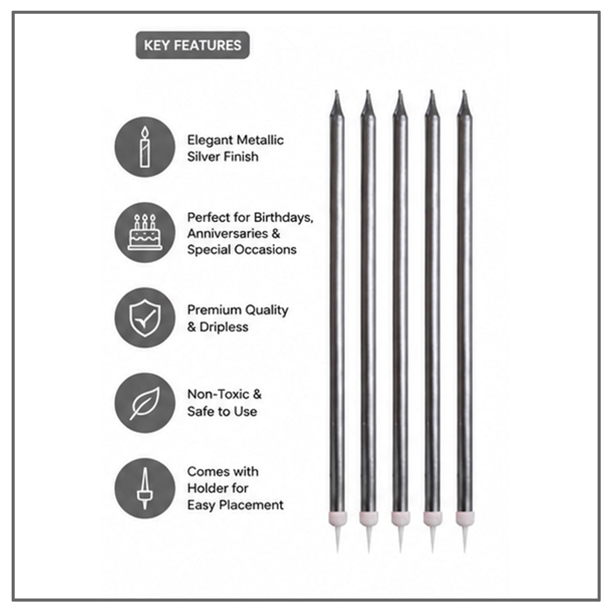 Lalantopparties Silver Slim Birthday Cake Candles with Holders, Metallic Long Thin Candles for Cake Decoration, Birthday, Wedding, Anniversary, Baby Shower, Bachelorette & Bachelor Party (Pack of 6)