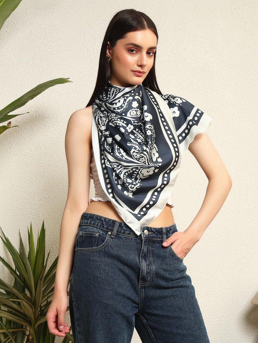 Ravaiyaa - Attitude is everything Women's Crepe Silk Digital Print Large Square Scarf Breathable Lightweight Neckerchief Printed Headscarf 40 x 40 Inch (White & Black Floral)