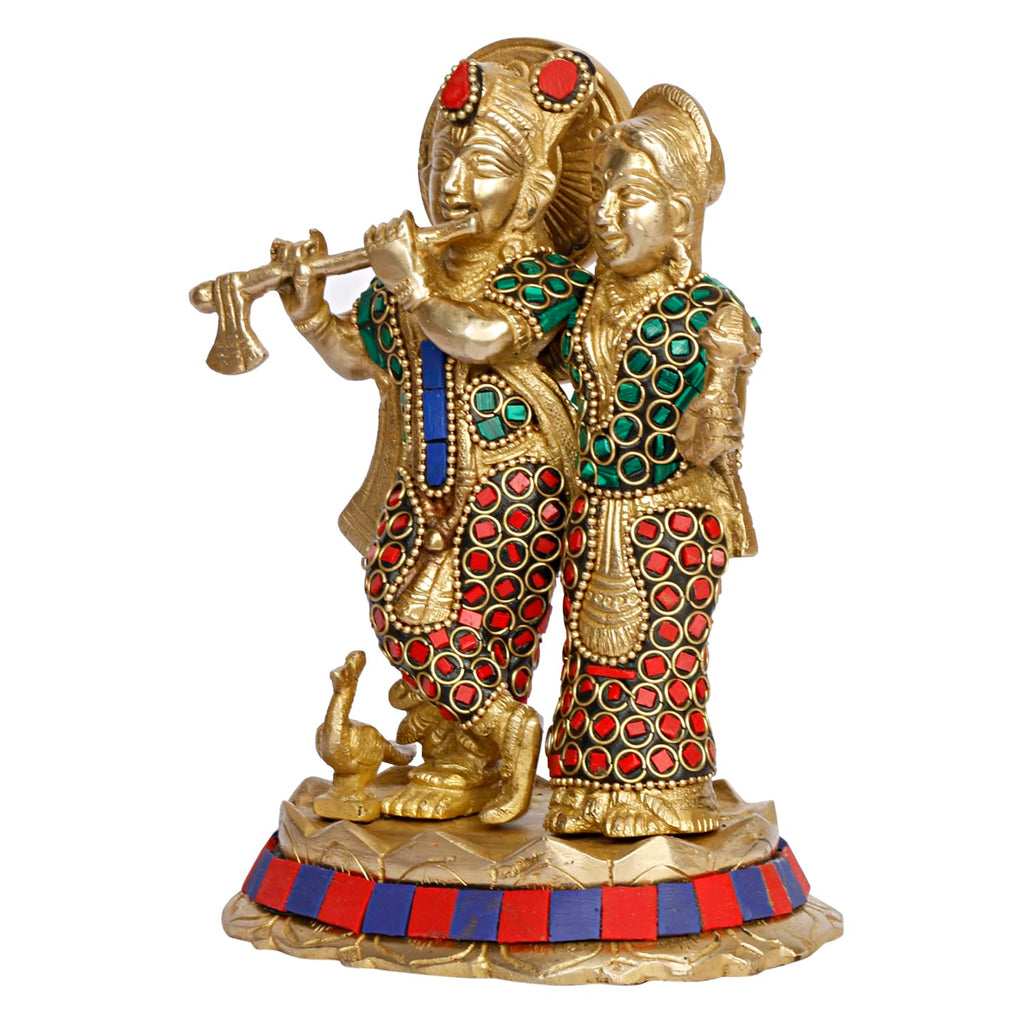 ARTVARKO Brass Lord Radha Krishna Playing Flute Standing On Lotus Multicolor Stone Handwork Murti for Gift 6.5 Inches