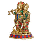 ARTVARKO Brass Lord Radha Krishna Playing Flute Standing On Lotus Multicolor Stone Handwork Murti for Gift 6.5 Inches