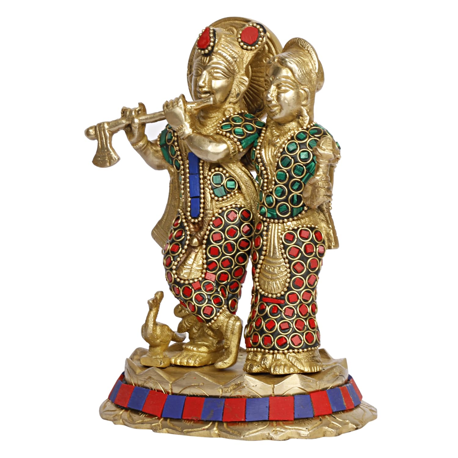ARTVARKO Brass Lord Radha Krishna Playing Flute Standing On Lotus Multicolor Stone Handwork Murti for Gift 6.5 Inches