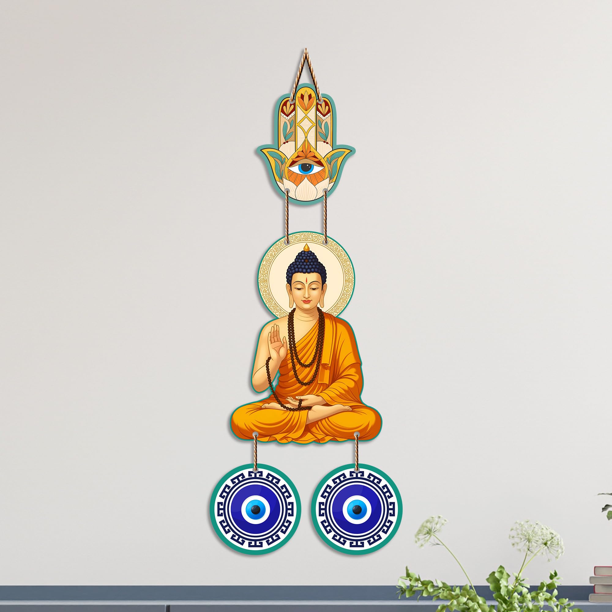 Artvibes Buddha Blessing Wall Hanging with Hamsa Hand & Evil Eye Accents | Decorative Spiritual Hanging for Home Protection | Wooden Decor for Entrance | Positive Energy Wall Art (WH_85102N)