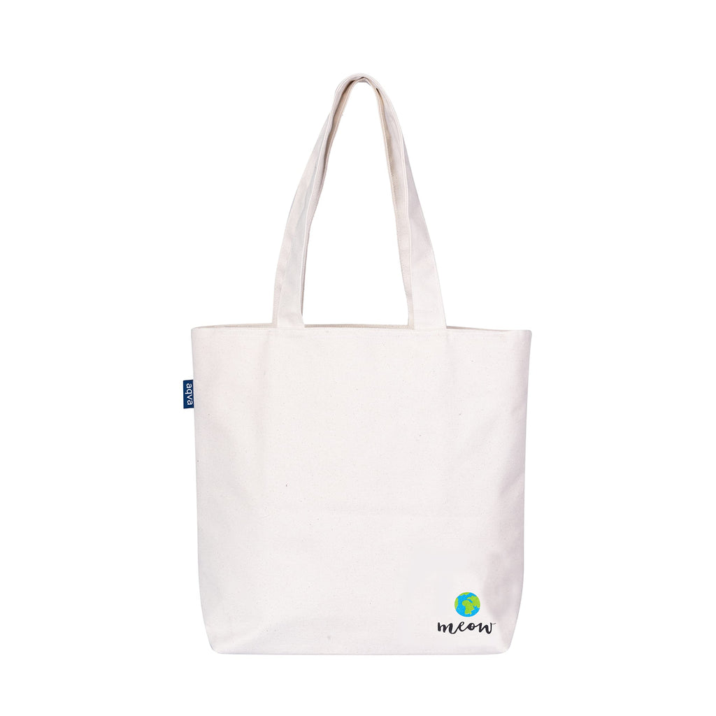 AQVA Printed Cotton Canvas Tote Bag For Women & Collage Girls | Trendy Stylish Multipurpose Handbag With Zipper | Shoulder Bag For Shopping, Beach, Travel, Work With Inside Pockets (Cat), White