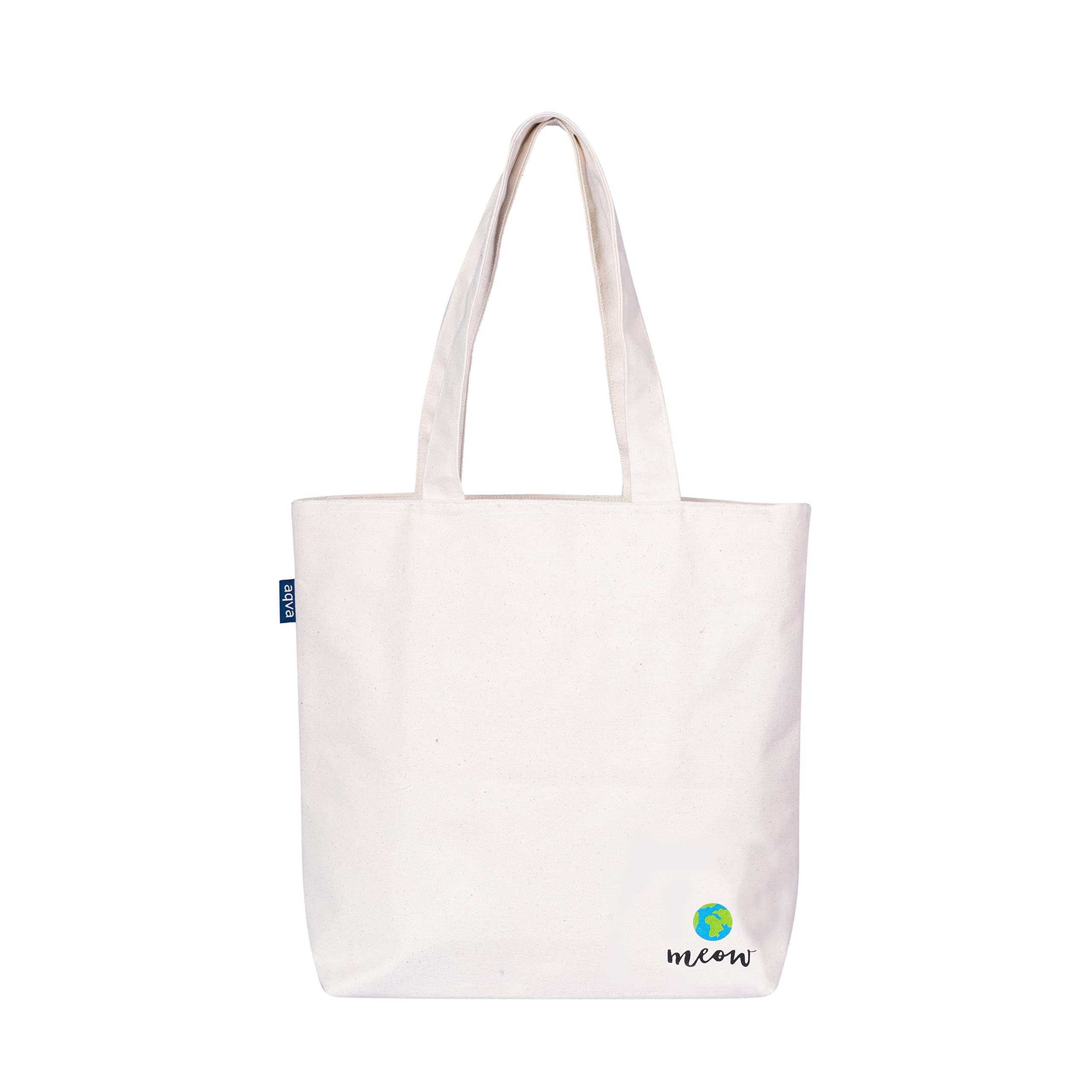 AQVA Printed Cotton Canvas Tote Bag For Women & Collage Girls | Trendy Stylish Multipurpose Handbag With Zipper | Shoulder Bag For Shopping, Beach, Travel, Work With Inside Pockets (Cat), White
