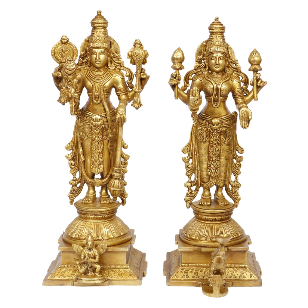 ARTVARKO Big Brass Vishnu Laxmi Murti Lord Bhagwan Vishnu Narayan Lakshmi Statue Idol Murti for Home Decor Mandir Pooja Goddess Laxmi Ji with Vishnu Height 14 Inch