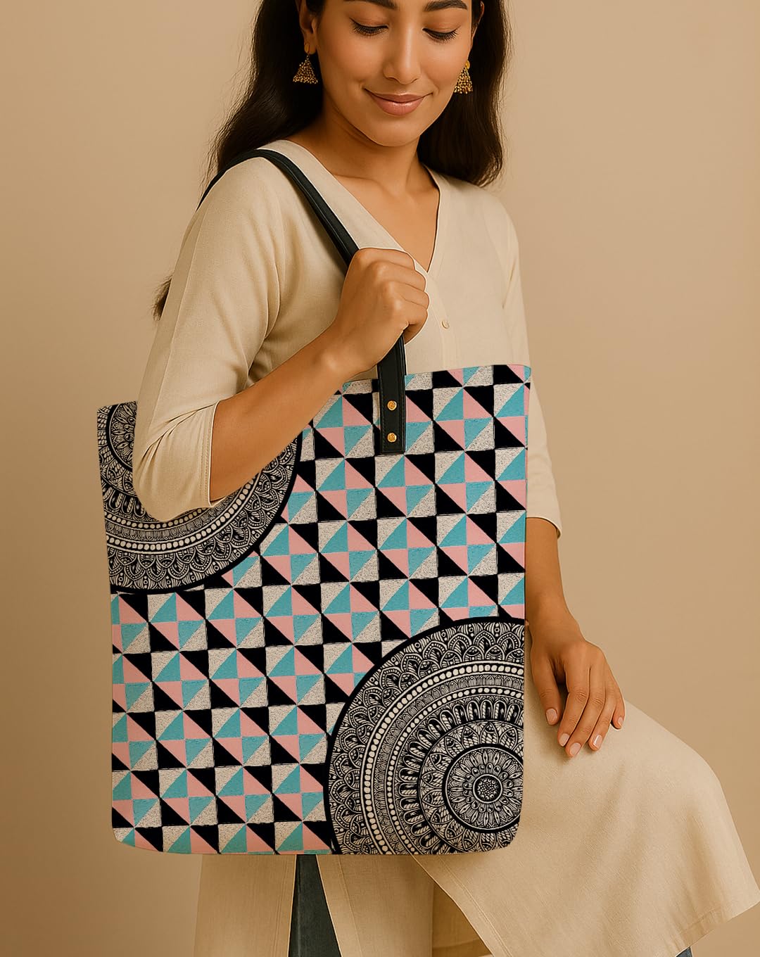Kalankit Classic Tote Bag For Women | Canvas Printed Totes For Women | Aesthetic Shoulder College Bag For Girls | Vegan Leather | Lightweight Everyday Handbag | Gift for Woman | Checkered Chevron