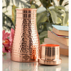 INDIAN ART VILLA Pure Copper Bedroom Water Bottle with Inbuilt Glass, Hammered Shine Design, Drinkware and Storage Purpose, 950 ml (Weight 335 Gram)