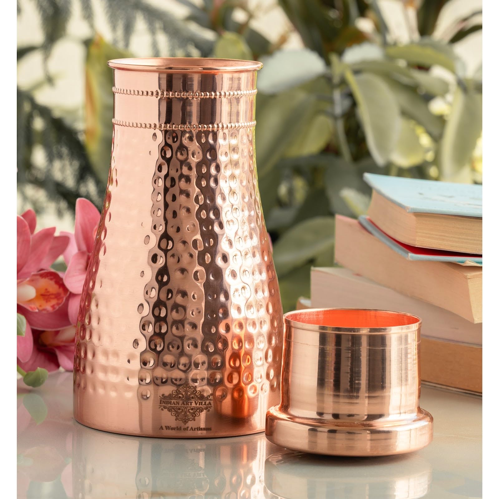 INDIAN ART VILLA Pure Copper Bedroom Water Bottle with Inbuilt Glass, Hammered Shine Design, Drinkware and Storage Purpose, 950 ml (Weight 335 Gram)