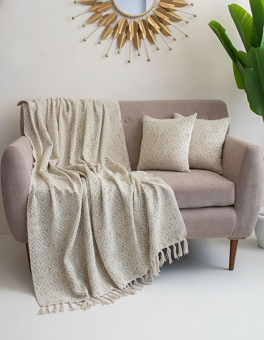 DMAASA Handwoven Cotton Sofa Throw Blanket with 2 pcs Cushion Covers Lightweight Decorative Couch & Bed Throw (Pack of 3, Leaf Pattern) Kafalo