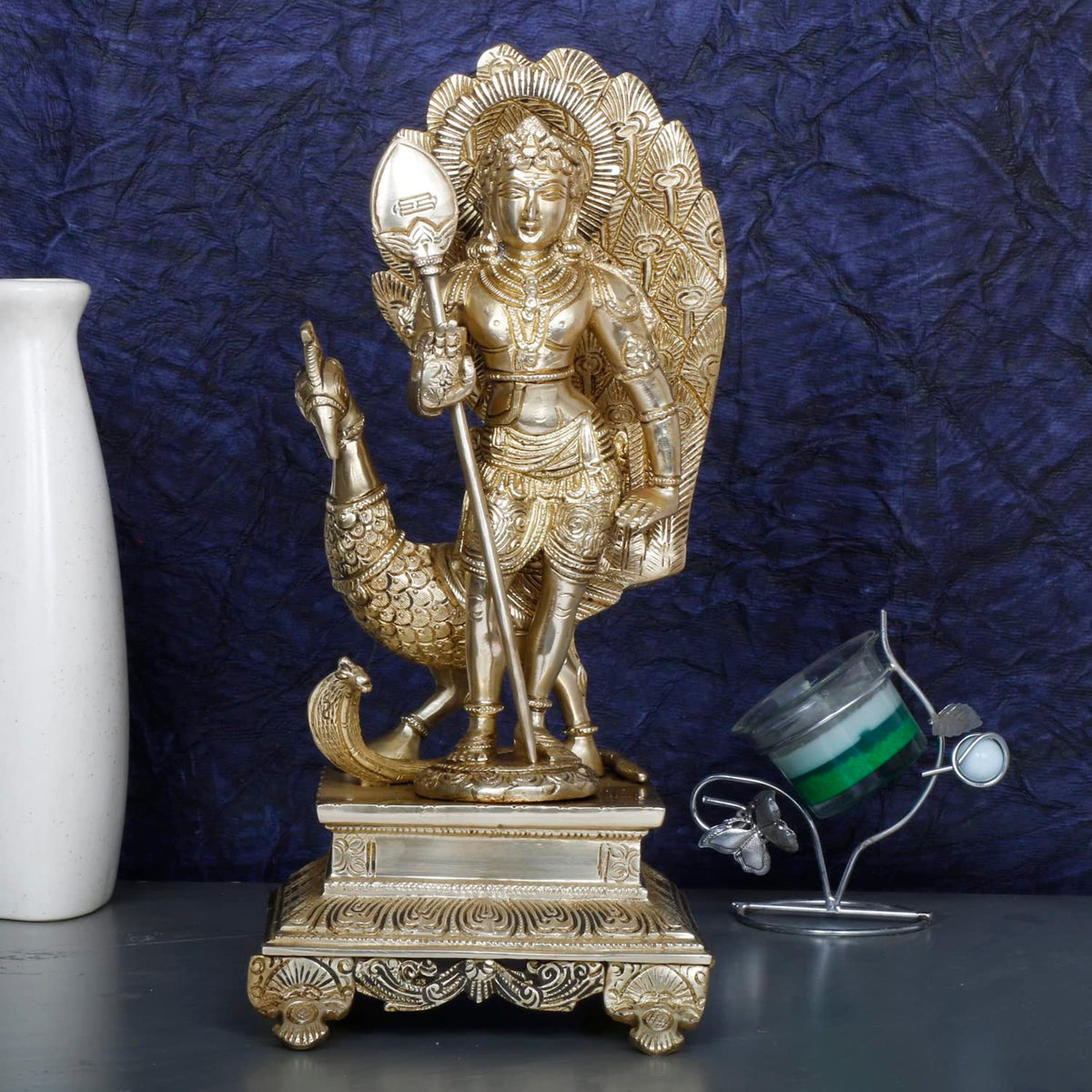 ARTVARKO Brass Lord Murugan Kartikeya Murugana Kumaraswamy Karthikeya Standing Idol with Peacock Swaminatha Skanda Murti Swami Ji Subrahmanya Swamy Height 12 Inch