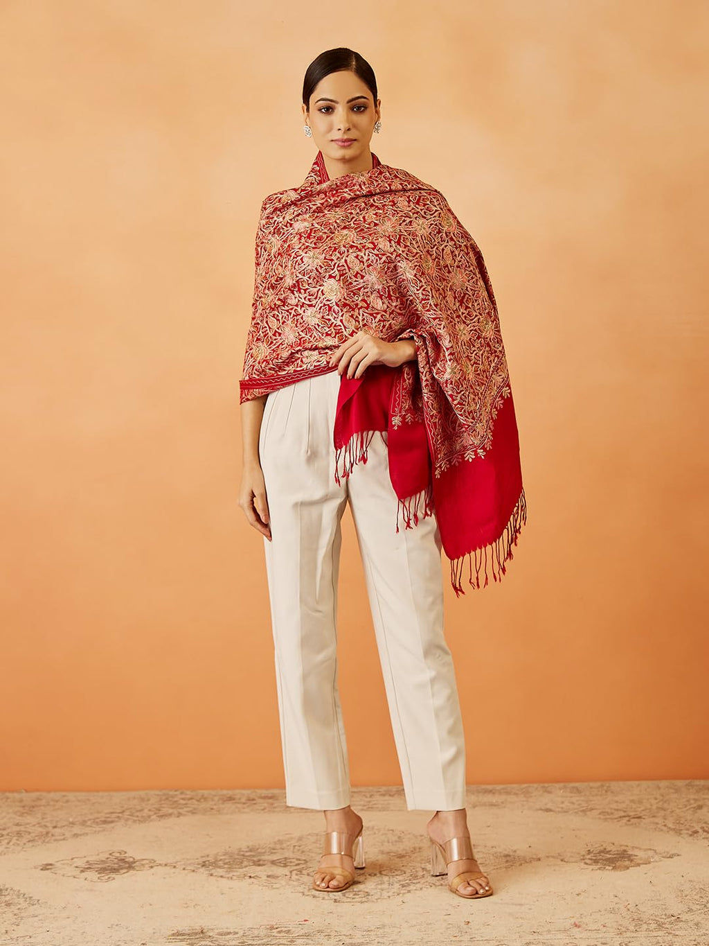 Pashmoda Women Shaguft Wool Blend Nalki Embroidered Stole, Shawl and Wrap, Luxury Pashmina Evening Wrap (Size: 71X203 CM)