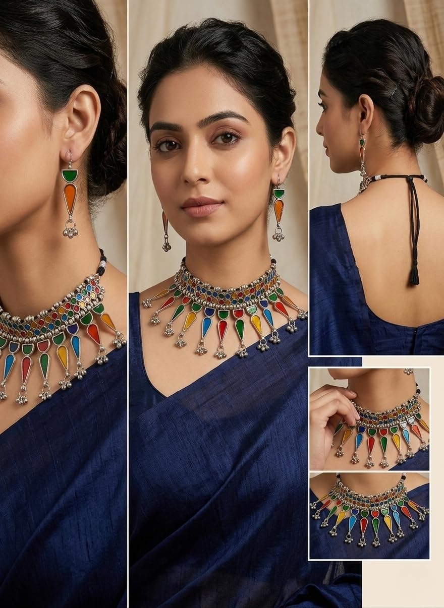 SNEHKRITI Multicolour Oxidised Silver Choker Necklace Set with Earrings, Traditional Tribal Mirror Finish Enamel Jewellery, Handmade Statement Ethnic Necklace for Festive