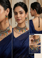 SNEHKRITI Multicolour Oxidised Silver Choker Necklace Set with Earrings, Traditional Tribal Mirror Finish Enamel Jewellery, Handmade Statement Ethnic Necklace for Festive