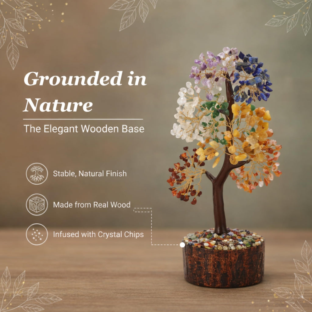 CALMINDS 7 Chakra Crystal Tree with Wooden Base | Natural Gemstone Bonsai for Healing, Balance & Positive Energy | Vastu Feng Shui Good Luck Tree for Home Decor & Spiritual Gift