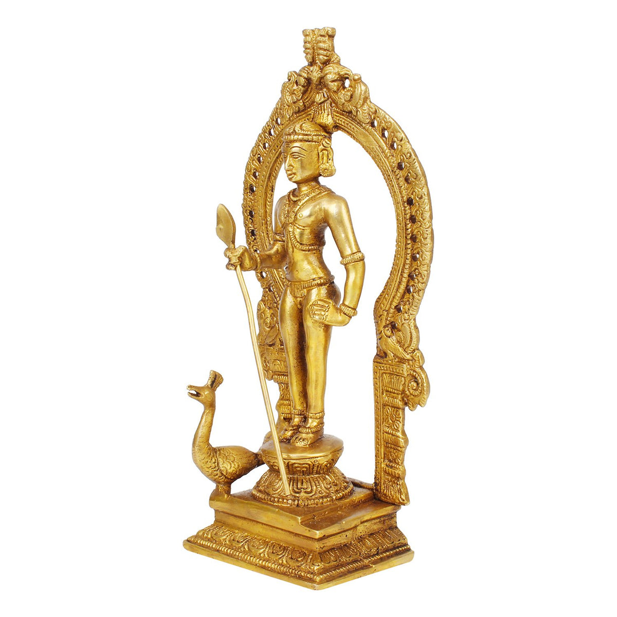SVARUP Brass Lord Murugan Kartikeya Kumaraswamy Karthikeya with Peacock Idol Swaminatha Murti10 Inch Gold Color