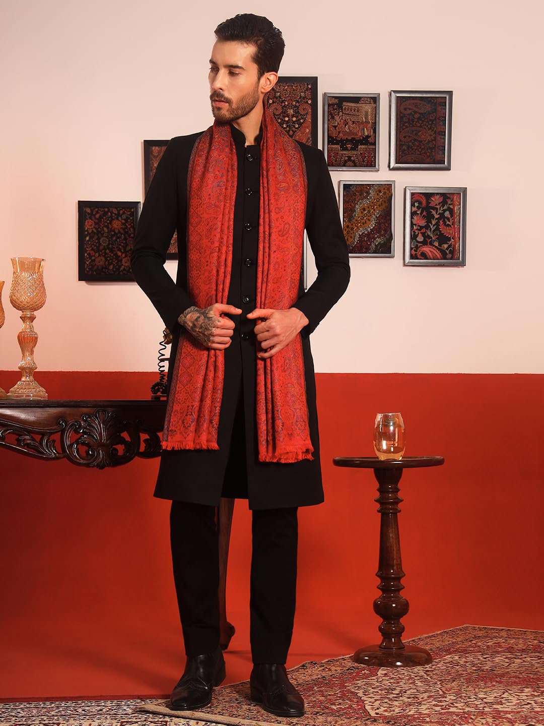 Pashmoda Men Chandni Kaani Stole, Authentic Kashmiri Luxury Pashmina Style Shawl, Stole, Small Size Gents Lohi, (Size 28x80 Inches,Maroon Color) MAVST07