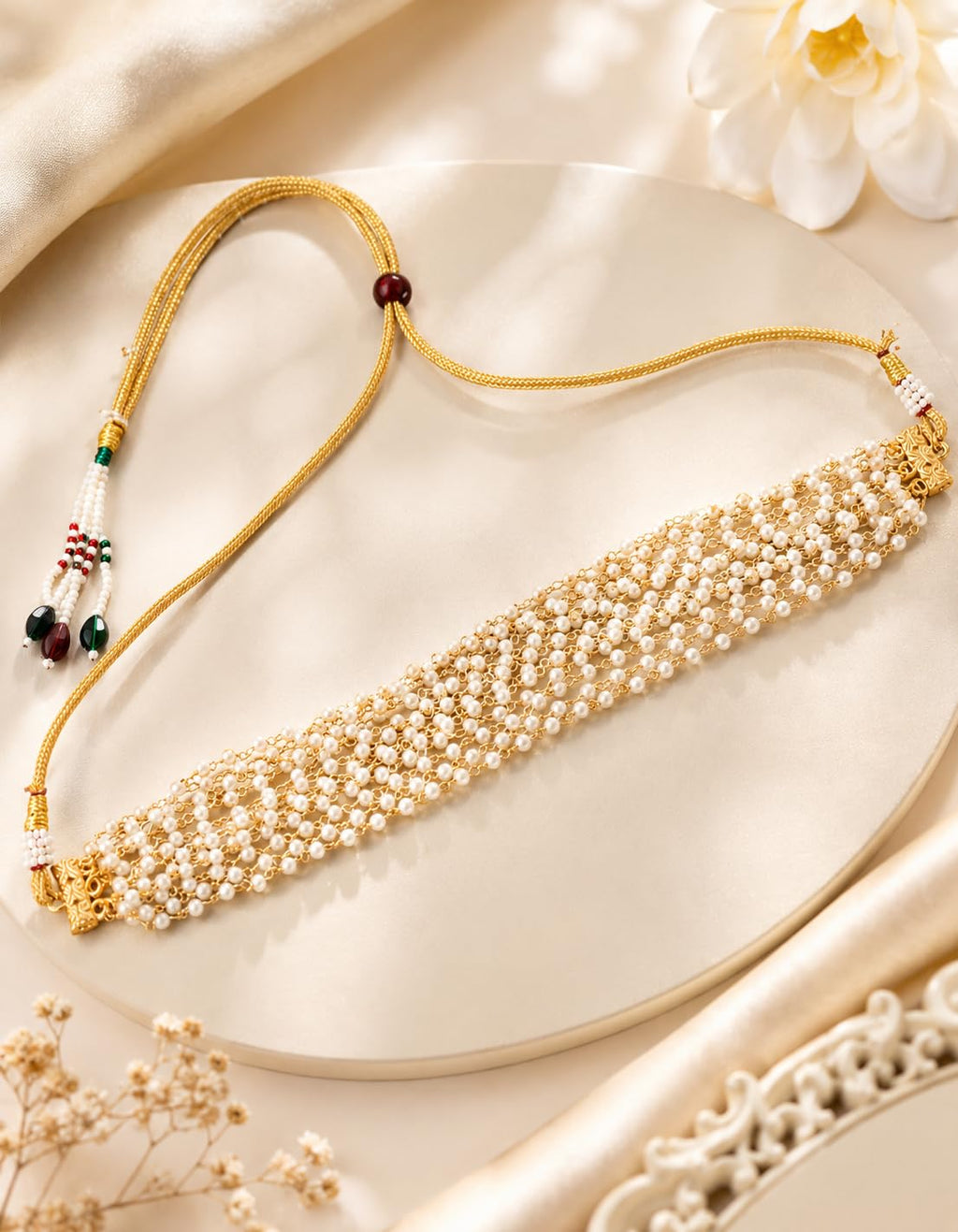 Handmade for her Handmade Pearl Choker Necklace for Women, White, Traditional Indian Style, Adjustable Gold Tone Chain