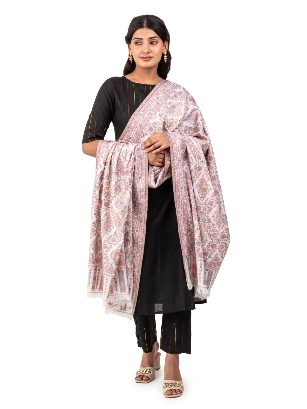 Naureen Women Faux Pashmina Kani Shawl with Paisley Artwork, Warm and Soft, 40x80 inch