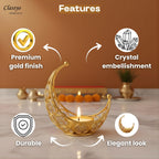 Classyo Moon Shaped Crystal Tea Light Candle Holders (Pack of 2) | Diwali Tealight Candle Holders | Metal Lantern | Tea Light Holders for Diwali, Pooja and Ramadan (Gold)