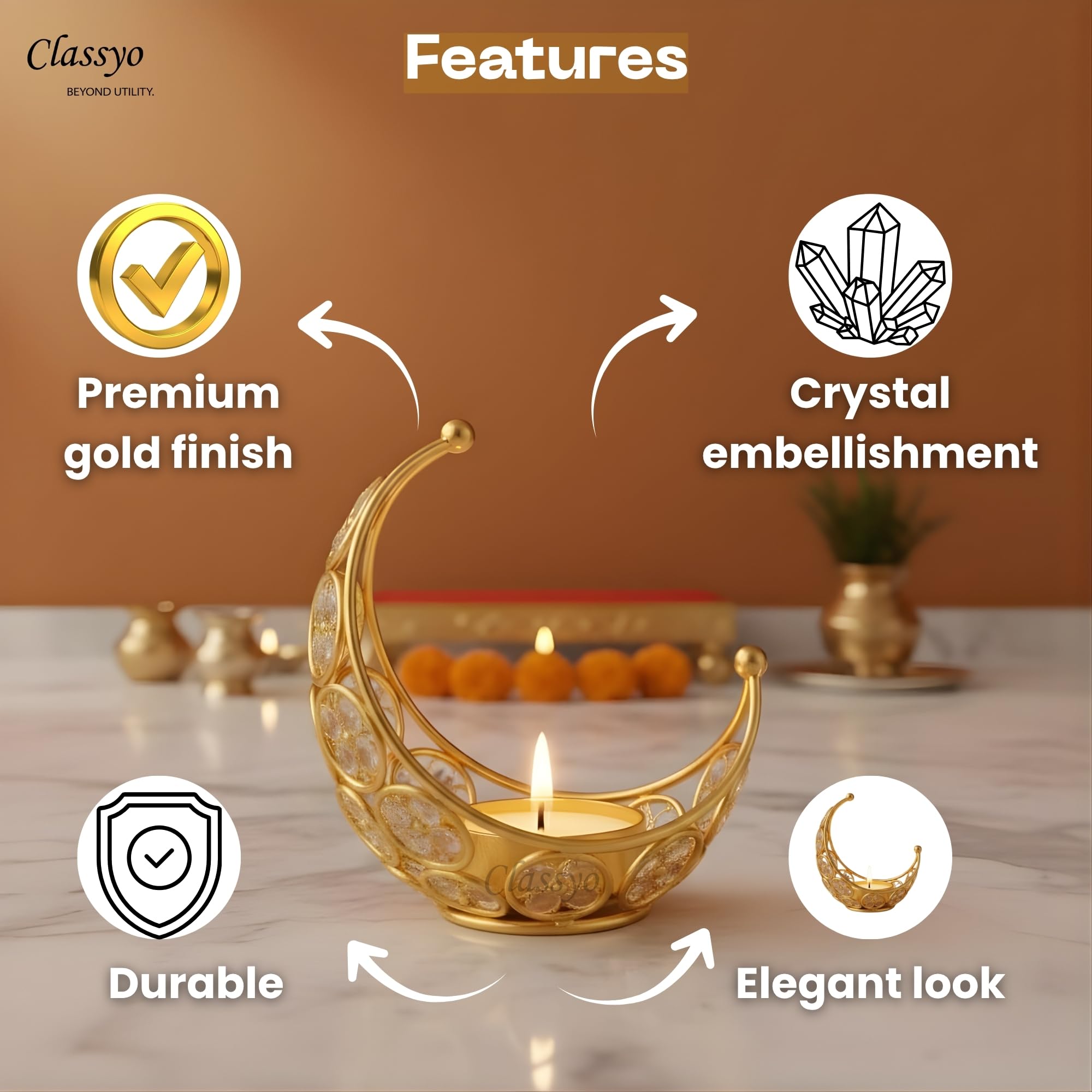 Classyo Moon Shaped Crystal Tea Light Candle Holders (Pack of 2) | Diwali Tealight Candle Holders | Metal Lantern | Tea Light Holders for Diwali, Pooja and Ramadan (Gold)