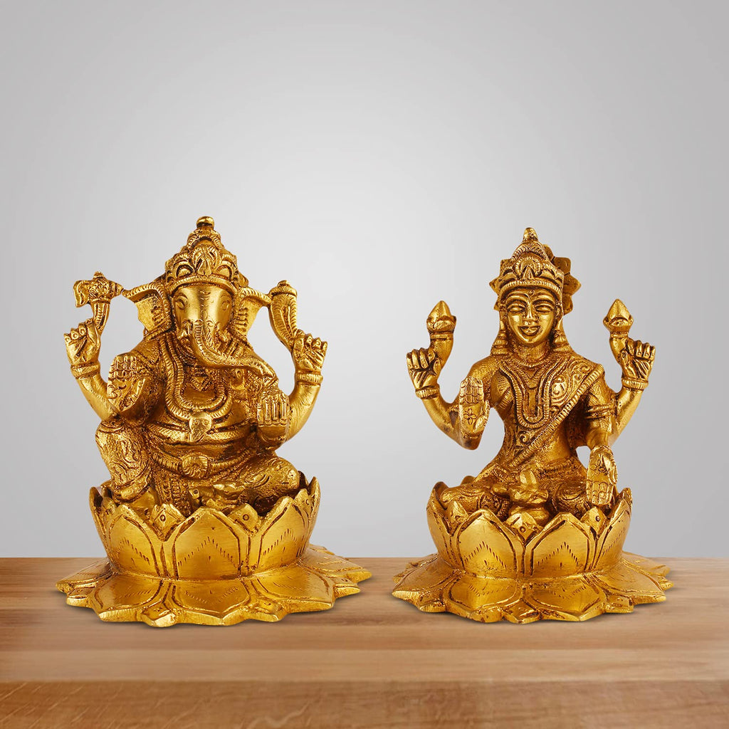 ARTVARKO Pure Brass Ganesha Laxmi Ganesh Lakshmi Bhagwan Idol Sitting on Lotus Ganpati Murti Statue 5 Inch