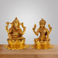 ARTVARKO Pure Brass Ganesha Laxmi Ganesh Lakshmi Bhagwan Idol Sitting on Lotus Ganpati Murti Statue 5 Inch