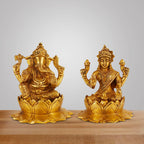 ARTVARKO Pure Brass Ganesha Laxmi Ganesh Lakshmi Bhagwan Idol Sitting on Lotus Ganpati Murti Statue 5 Inch