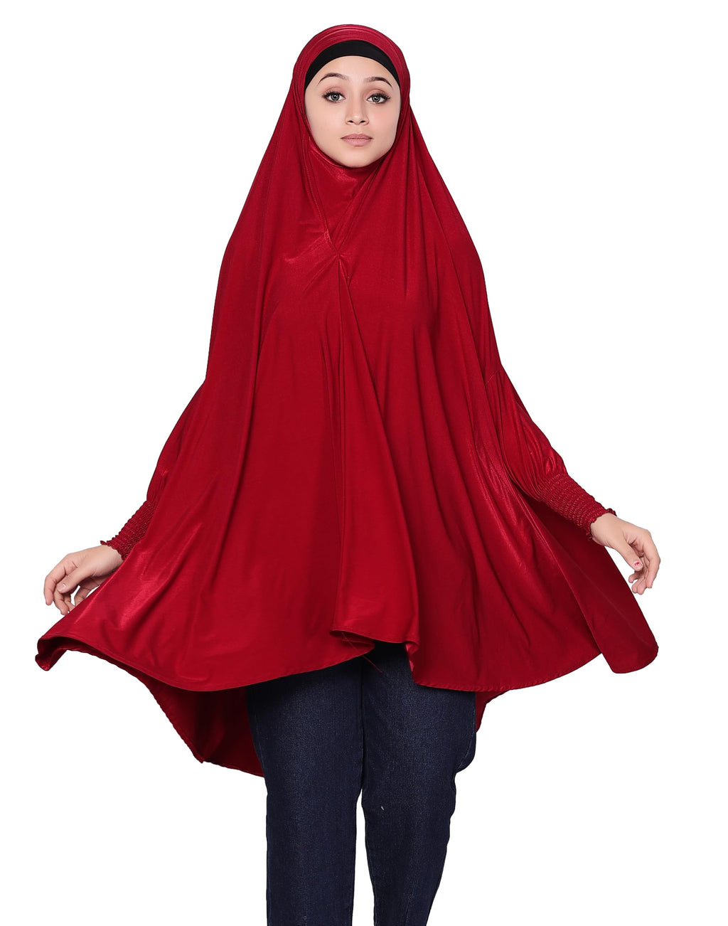 ICW Women Stretchable Jersey Smoking Sleeve Jilbab Cum Prayer Khimar Hijab (Free Size) (Maroon) For Female